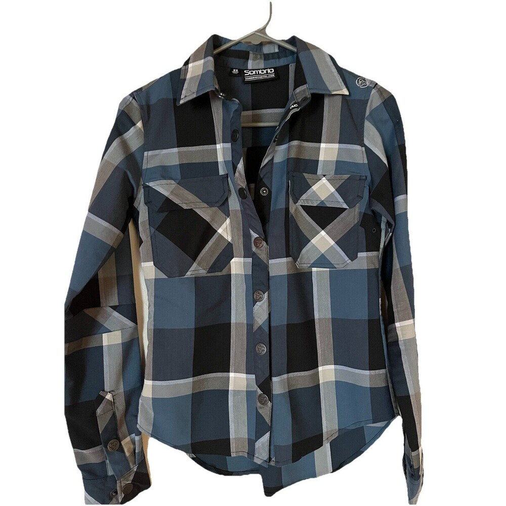 Sombrio Women’s Silhouette Riding Shirt, Blue Plaid Flannel Style, Snap Close XS